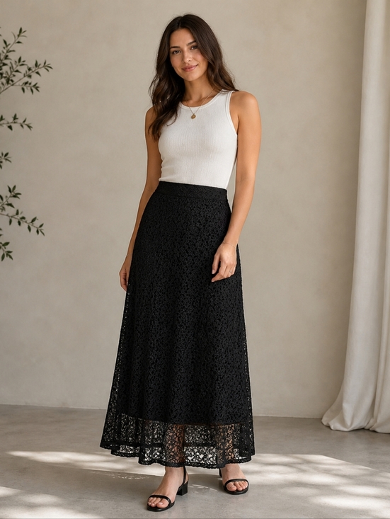 Ashley Blue Dresses & Skirts - Vtg 90s Ashley Blue Coquette Black Lace Overlay Maxi Skirt Boho Whimsigoth Sz M